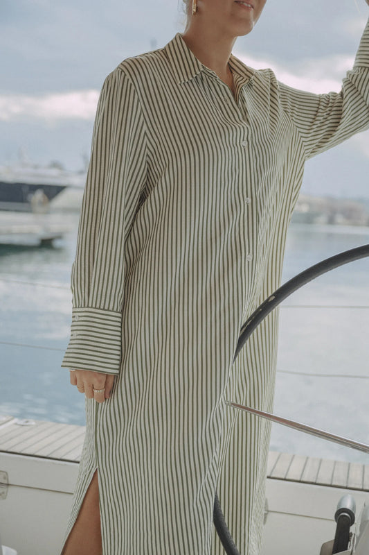 Les Soeurs Zac Long Striped Dress khaki ecru
